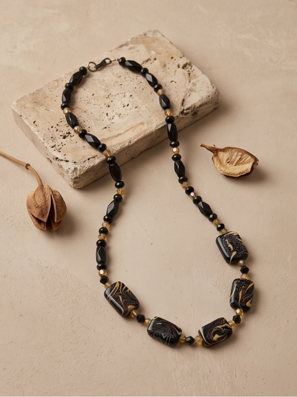 Vintage Black and Gold Marbled Glass Bead Necklace